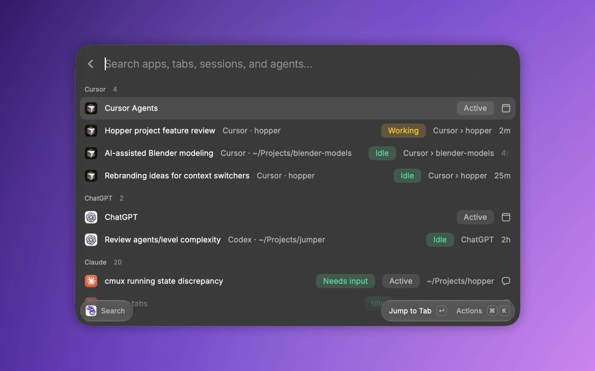 Search command: Cursor, ChatGPT, and Claude sessions with agent status in one searchable list
